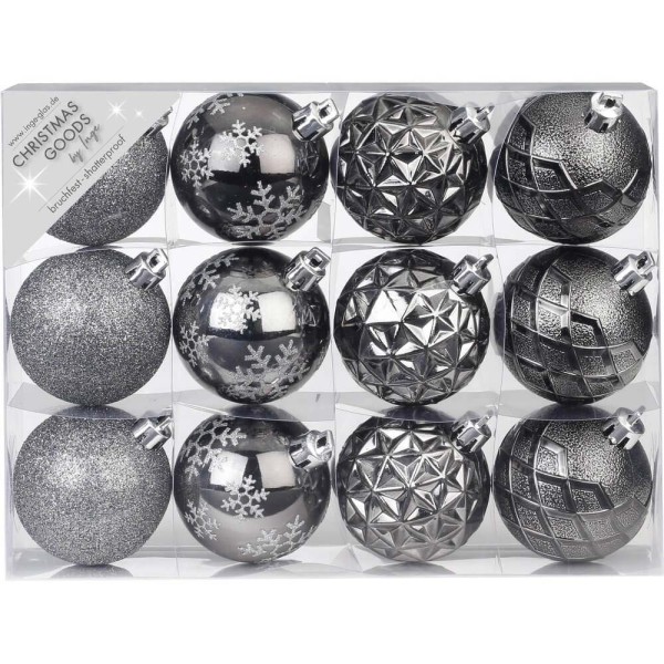 Weihnachtskugeln Kunststoff 12 Stk 6 cm Black Grey Mix
