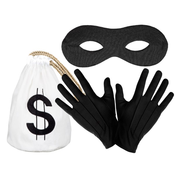 Dieb Set Maske Handschuhe Geldsack